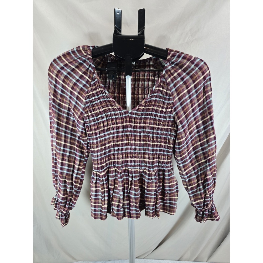 Cato Womens Multicolor Plaid Smocked Peasant Top Small